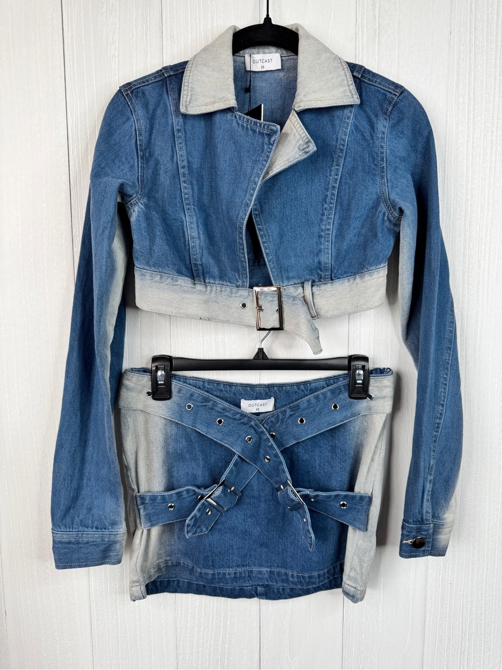 Outcast Rana Denim Belted Skirt & Cropped Long Sleeve Denim Jacket Set XS